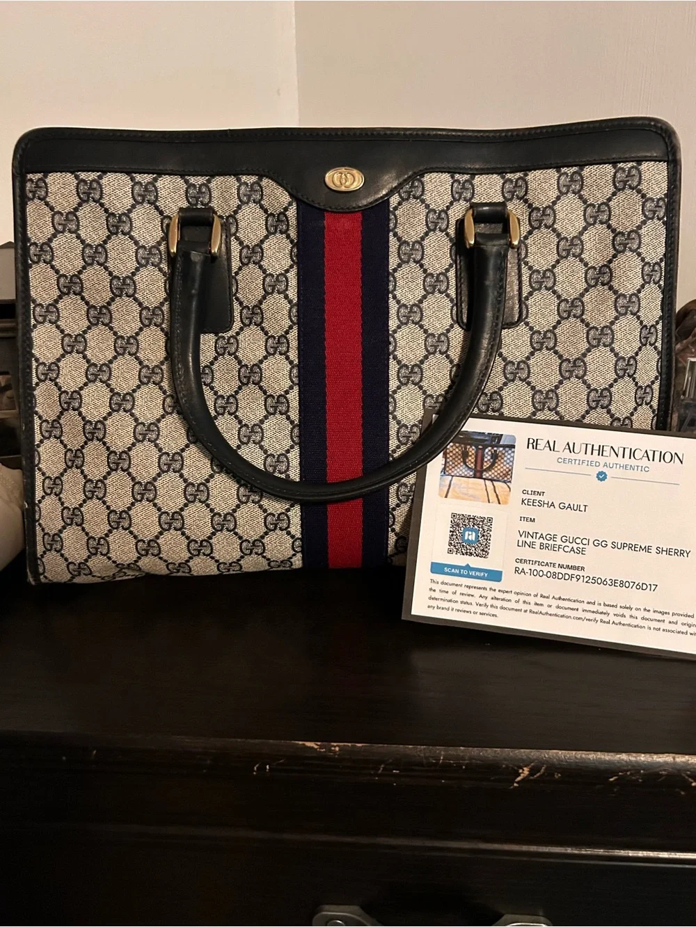 Gucci GG Supreme Briefcase Tote in Beige with Blue and Red Stripe